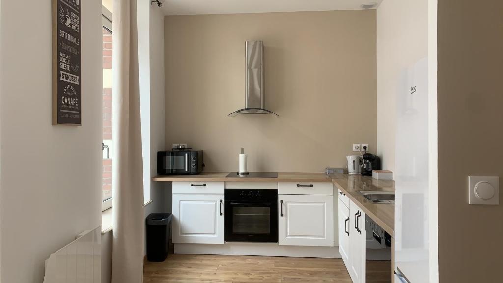 La cuisine est équipée de placards blancs et d'un four avec plaques de cuisson. dans l'établissement Appartement chaleureux, à Boulogne-sur-Mer