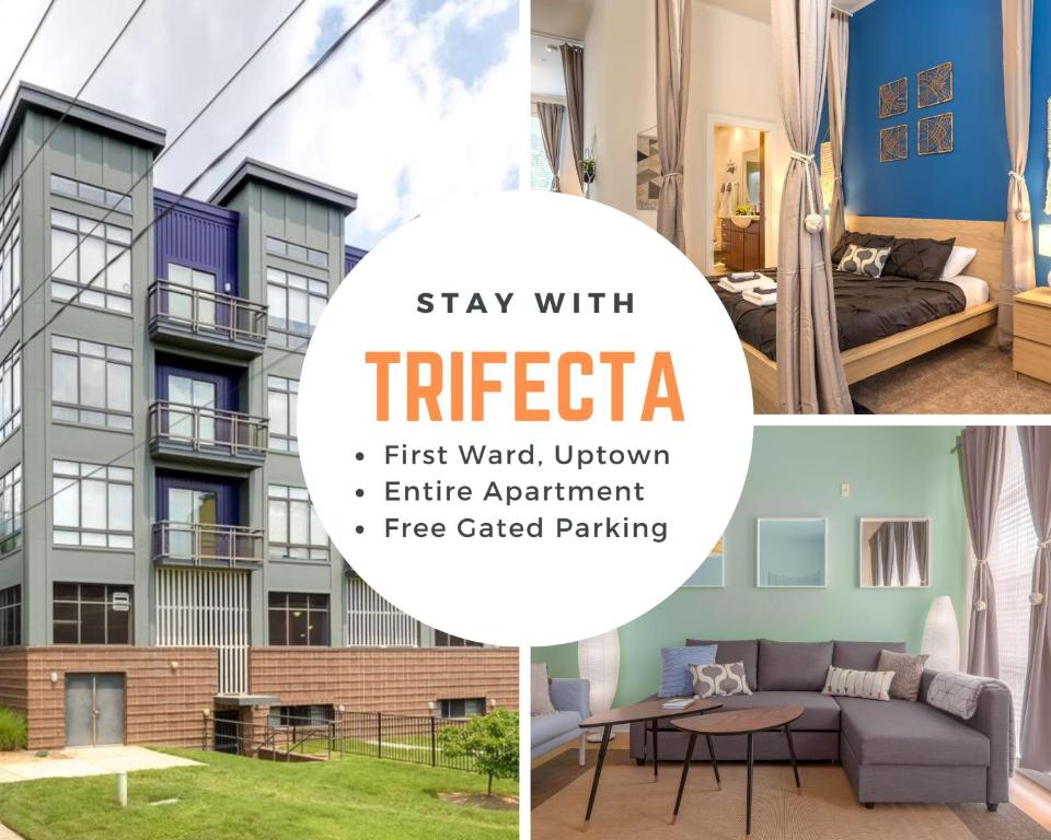 a collage of three pictures of a apartment at Trifecta 10 Min Walk to 7th St Market Superhost in Charlotte