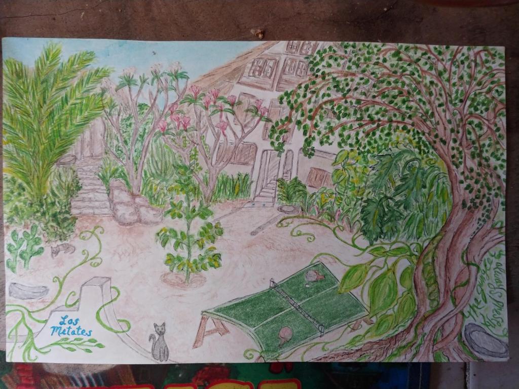 un dessin d'un jardin avec une table et des arbres dans l'établissement Los metates, à Zipolite