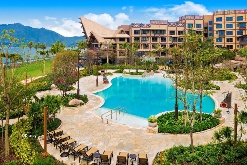 an aerial view of a resort with a swimming pool at Disney Explorers Lodge in Hong Kong