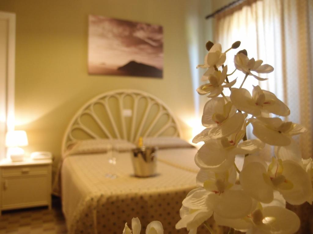 una habitación de hotel con una cama y una planta blanca en Hotel Corallo en Lipari