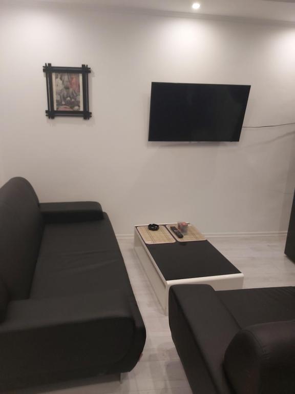 a living room with a couch and a flat screen tv at Sarajevo City Hall Apartment FREE WIFI in Sarajevo
