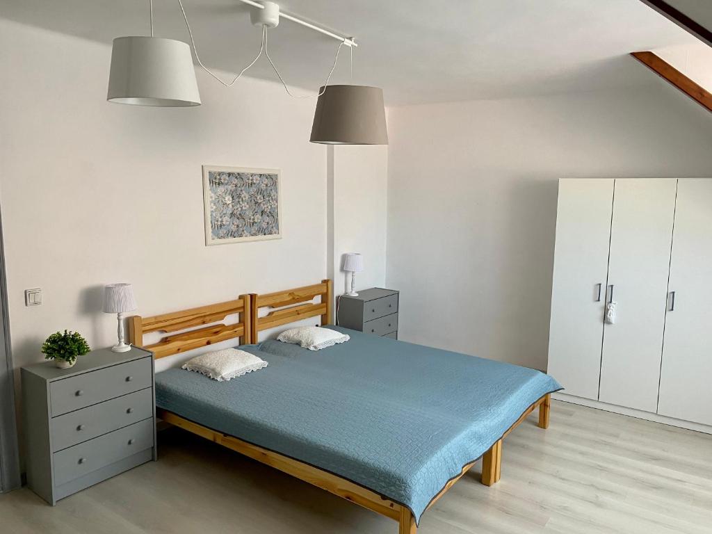 エゲルにあるPacsirta Apartman Grandのベッドルーム(青いベッド1台、白いキャビネット付)