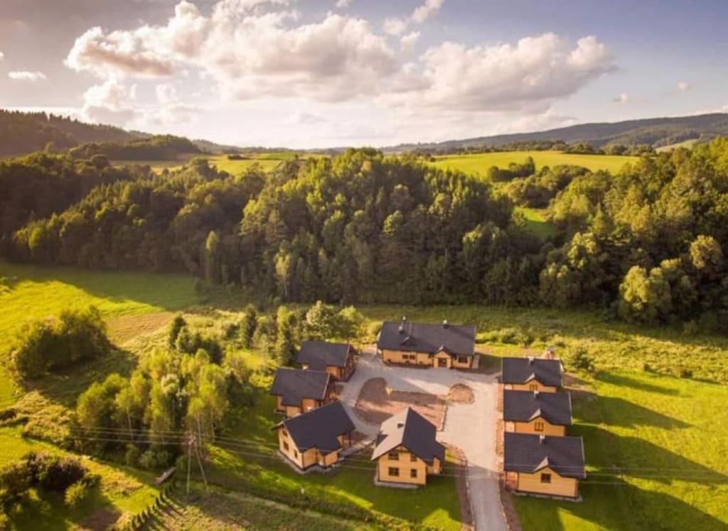 una vista aérea de una casa en un campo en OSADA PODRÓŻNIKA - Całoroczne Domki w Bieszczadach en Hoczew