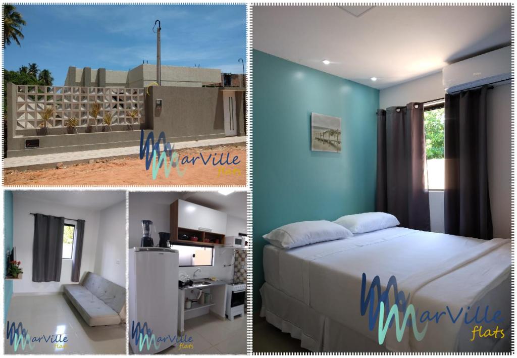 2 fotos de un dormitorio con cama y una habitación con ventana en Marville Flats, en Maragogi