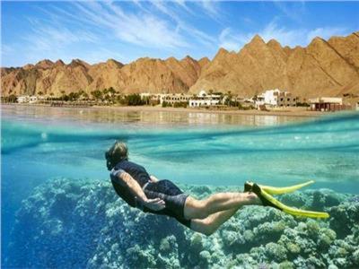 a person swimming in the water with a surfboard at Apartmen with pool in Sheraton plaza Marina 301 in Hurghada