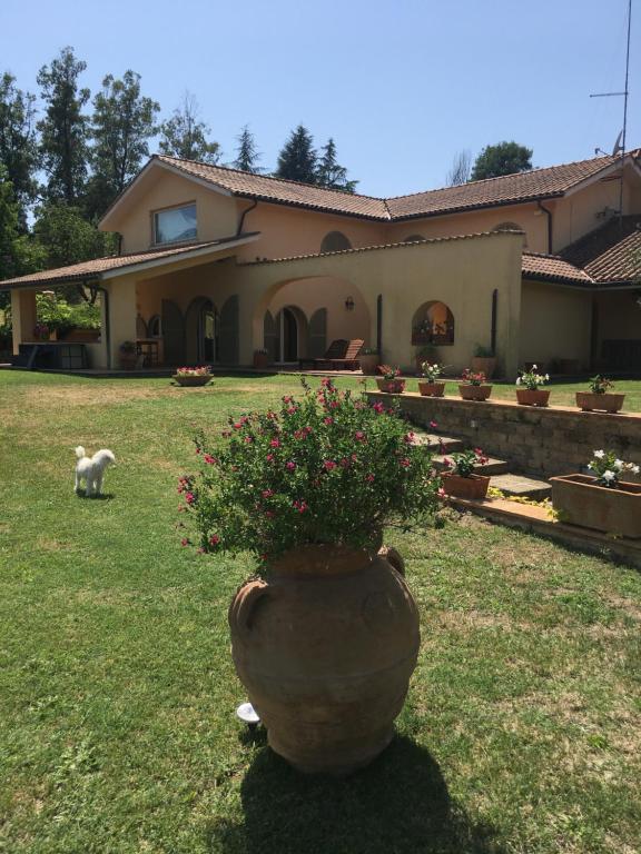 un grande vaso di fiori nel cortile di una casa di Villa Profumo a Campagnano di Roma