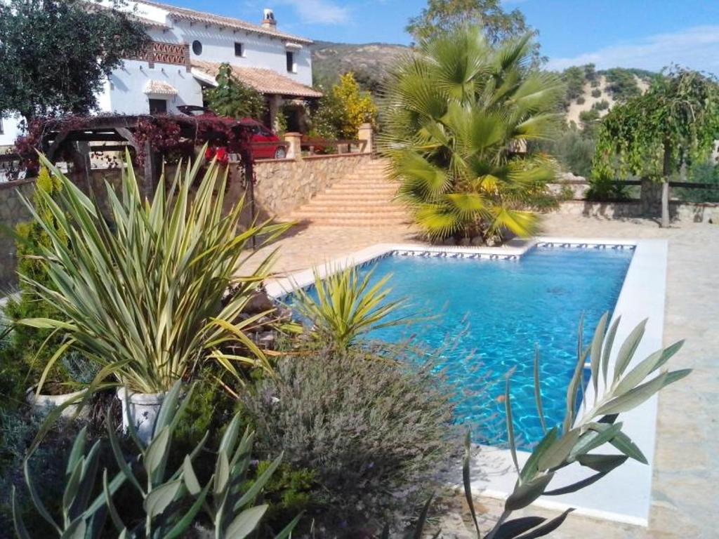 uma piscina em frente a uma casa com plantas em 5 bedrooms villa with private pool jacuzzi and wifi at Priego de Cordoba em Priego de Córdoba