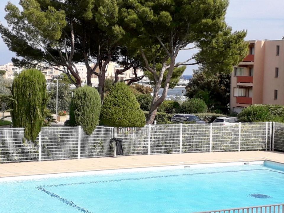 ボルム・レ・ミモザにあるMy Little Provence Bormes Les Mimosasの青い塀と木々のあるプール