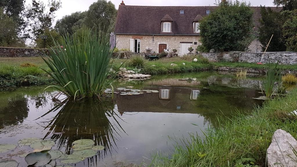 a house and a pond in front of a house at Moulin de Giboudet Chambres d&#39;hôtes in Bazainville