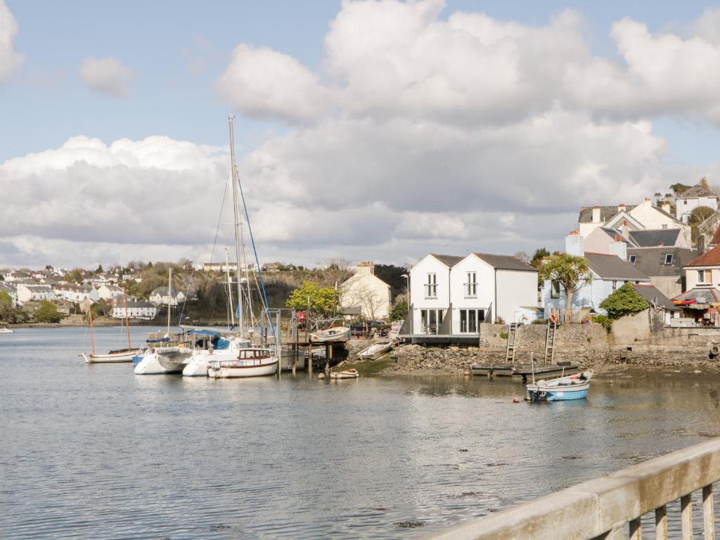 eine Gruppe von Booten, die in einem Hafen mit Häusern angedockt sind in der Unterkunft 2 Beach Cottage in Plymouth