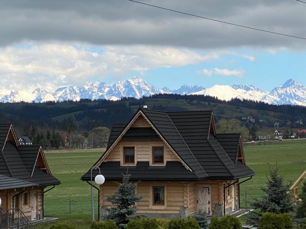 een huis met een zwart dak met bergen op de achtergrond bij Chaty Mocarnego Szaflary in Szaflary