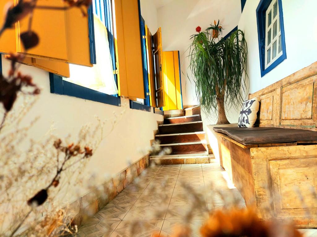 a hallway with yellow doors and stairs with a potted plant at Pousada Janelas de Ouro Prêto in Ouro Preto