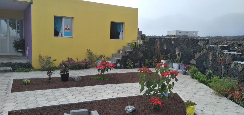 żółty dom z kwiatami i kamienną ścianą w obiekcie Ciza e Rose w mieście Portela