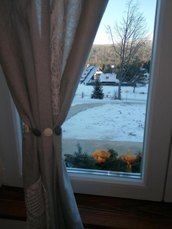 a window with a view of a snow covered yard at Nikolića kuća in Mitrovac