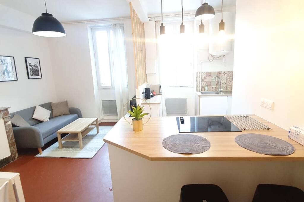 een keuken en een woonkamer met een keukeneiland in een kamer bij T2 COSY AU CALME,ENTREE AUTONOME,CENTRE HISTORIQUE in Montélimar