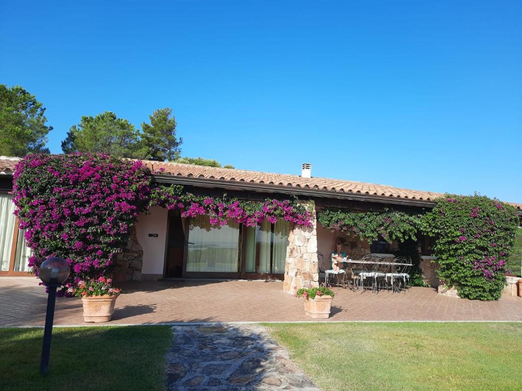 un patio con flores moradas en una casa en Villa Stazzu Sa Murta, en Cugnana