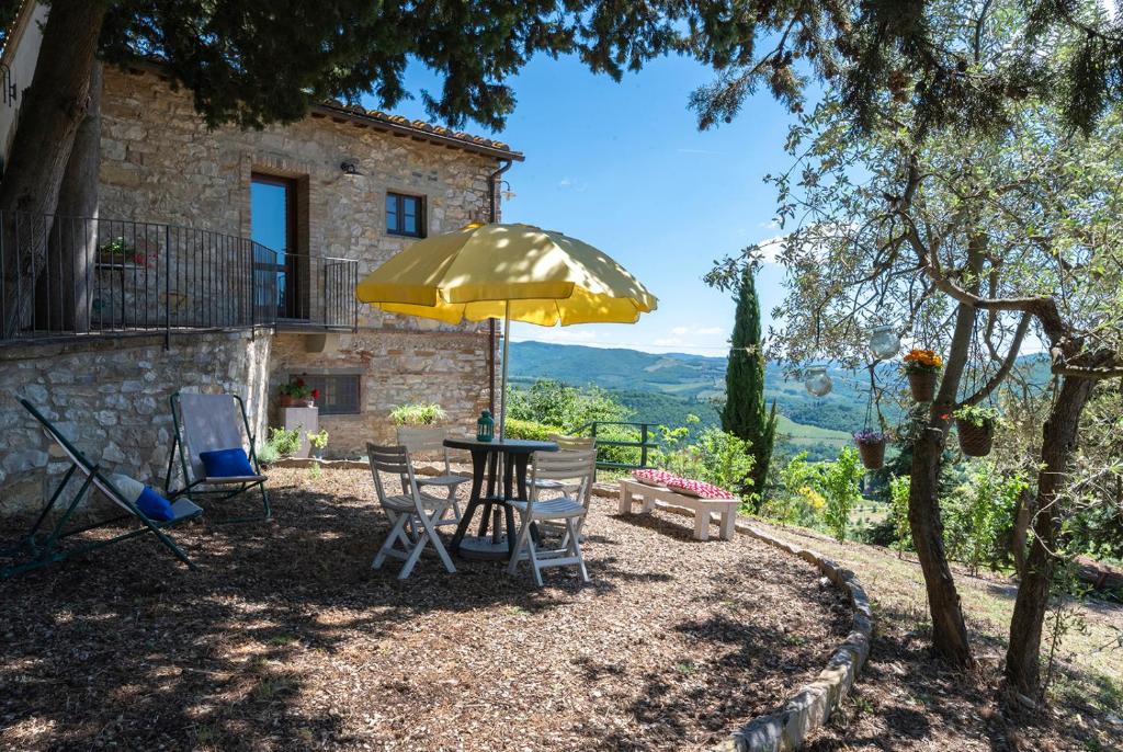 uma mesa e cadeiras e um guarda-sol em frente a uma casa em Casa il Cipresso, in the heart of Chianti with swimming pool em Castellina in Chianti