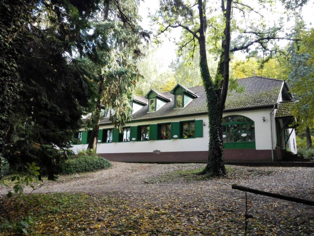una casa verde y blanca con un árbol delante en Fehérkőlápa Turistaház Panzió, en Lillafüred