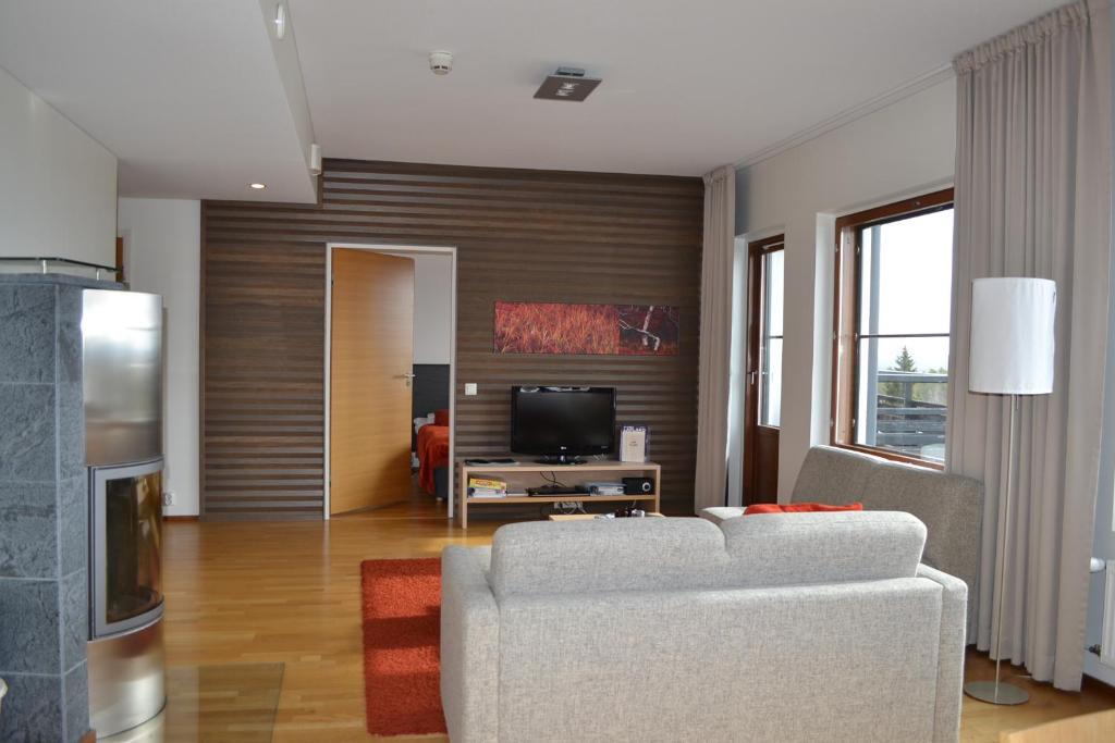 uma sala de estar com um sofá e uma televisão em Ylläs Chalets A9206 em Ylläsjärvi