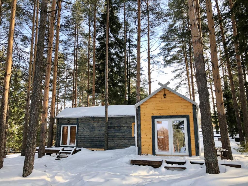 a small cabin in the woods in the snow at Финский гостевой дом in Chaykovskiy