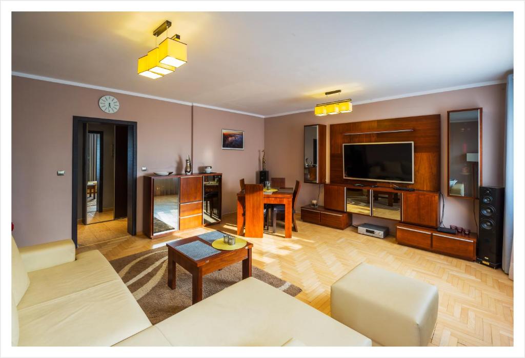 Televízia a/alebo spoločenská miestnosť v ubytovaní Apartament Jantarowa