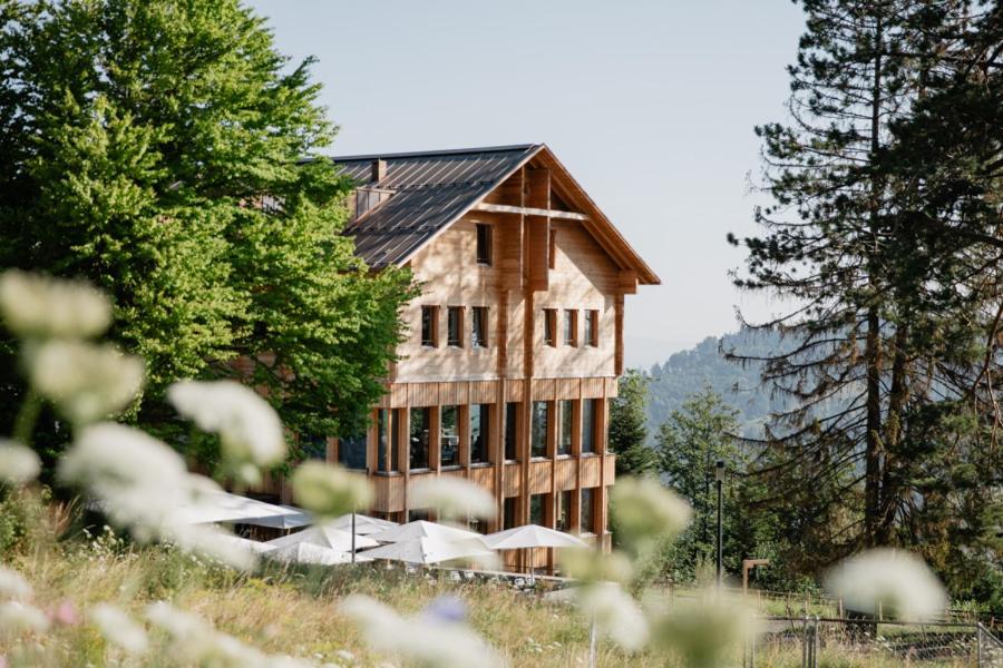 une grande maison en bois avec des fenêtres dans un champ dans l'établissement Hotel Gasthaus Hergiswald, à Eigenthal