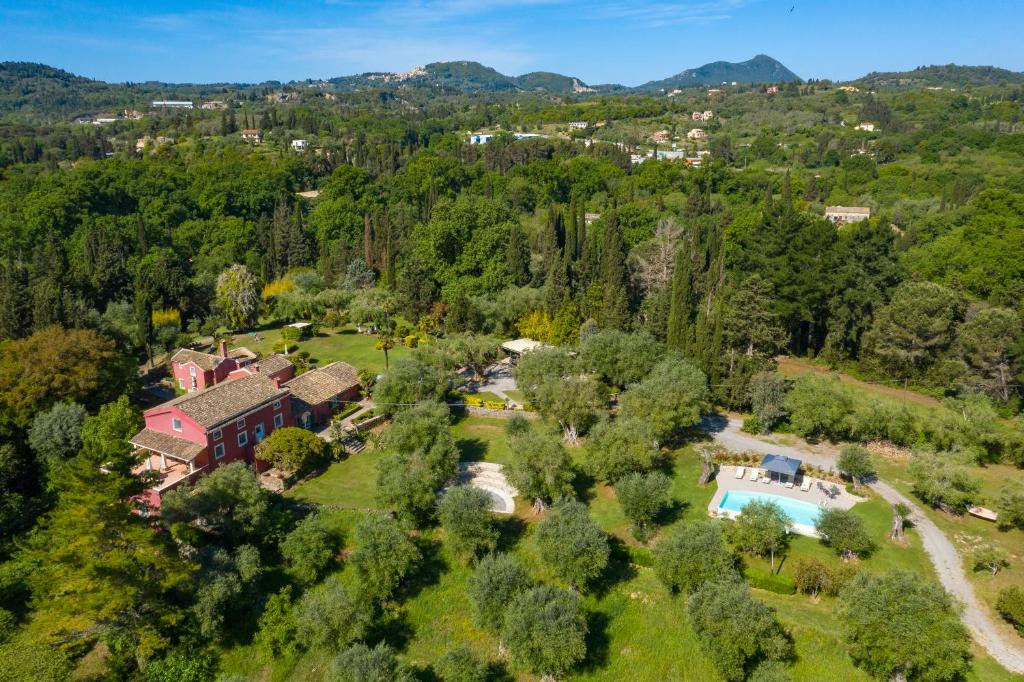 Áfra的住宿－Triklino Estate，享有带游泳池和树木的房屋的空中景致