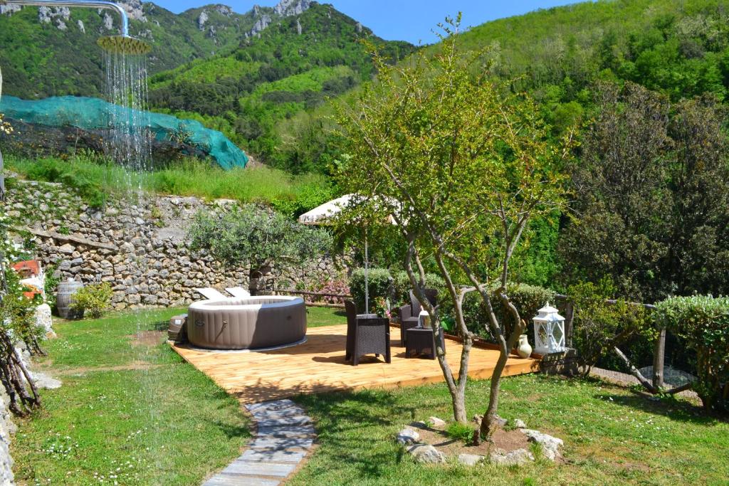 un jardín con bañera de hidromasaje y un árbol en Villa Le Volte Antiche, en Tramonti