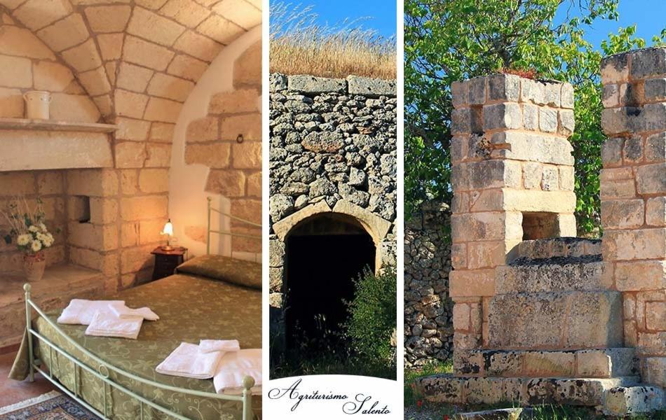 two pictures of a building with a table and a stone wall at Agriturismo Masseria Saittole in Carpignano Salentino