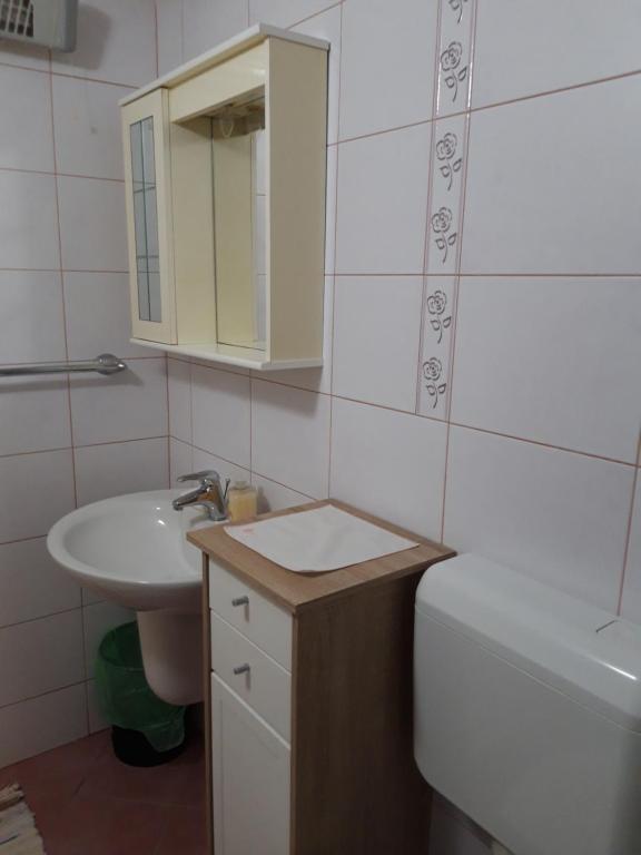 a bathroom with a sink and a toilet and a mirror at Guesthouse Palma in Mali Lošinj