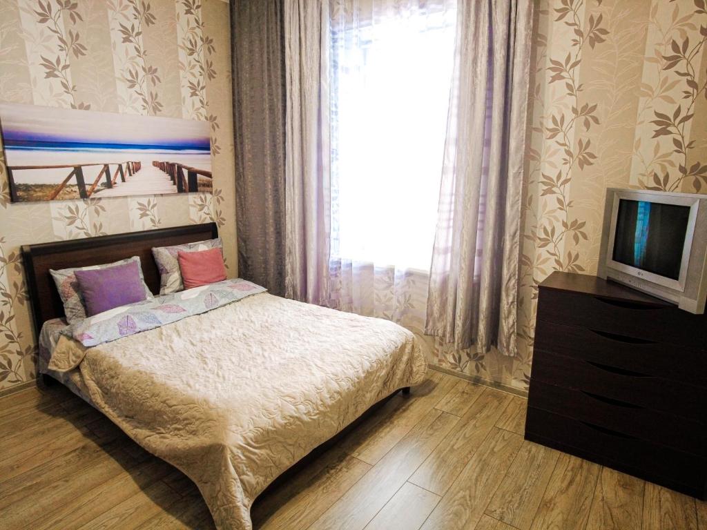 a bedroom with a bed and a tv and a window at Apartments in the city center in Lviv