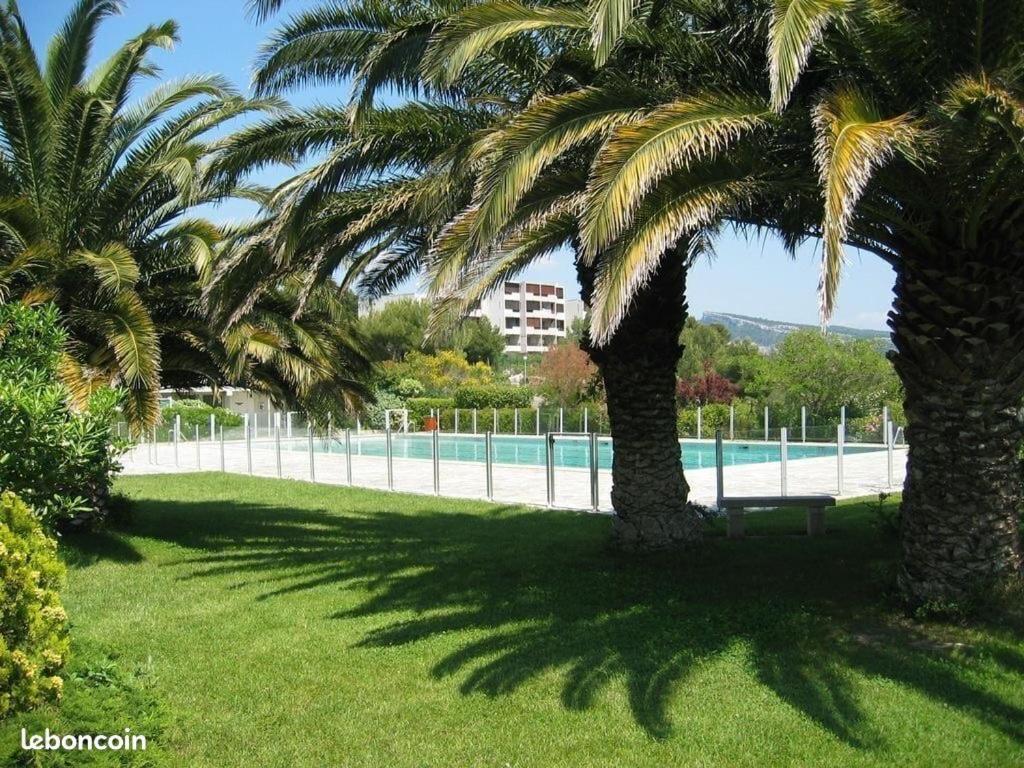 einen Park mit Palmen und einem Pool in der Unterkunft CASSIS 4PERS VUE MER WIFI TENNIS PARKING PISCINE in Cassis