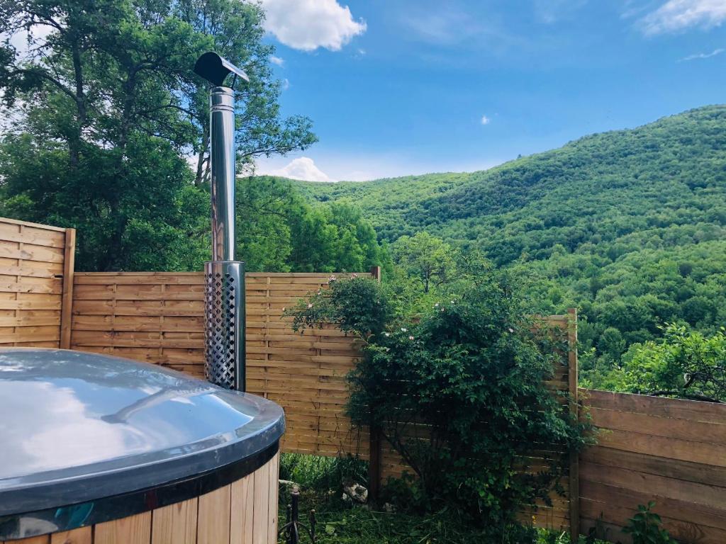 a hot tub with a view of a mountain at Gîte Aurinko : caravane avec bain nordique in Roquefort-les-Cascades