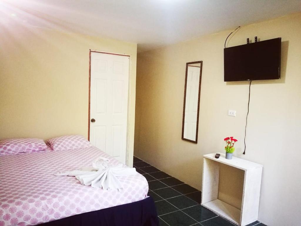 um quarto com uma cama e uma televisão na parede em Habitación Privada - Apartamentos Morpho CR em Quepos