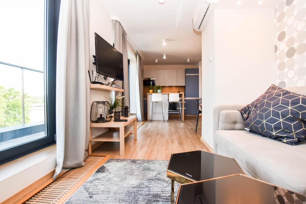 Televízia a/alebo spoločenská miestnosť v ubytovaní Apartamenty nad Wisłą