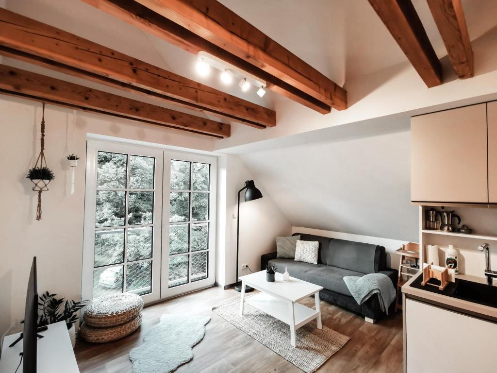 a living room with a couch and a table at Apartmán v podkroví in Říčky