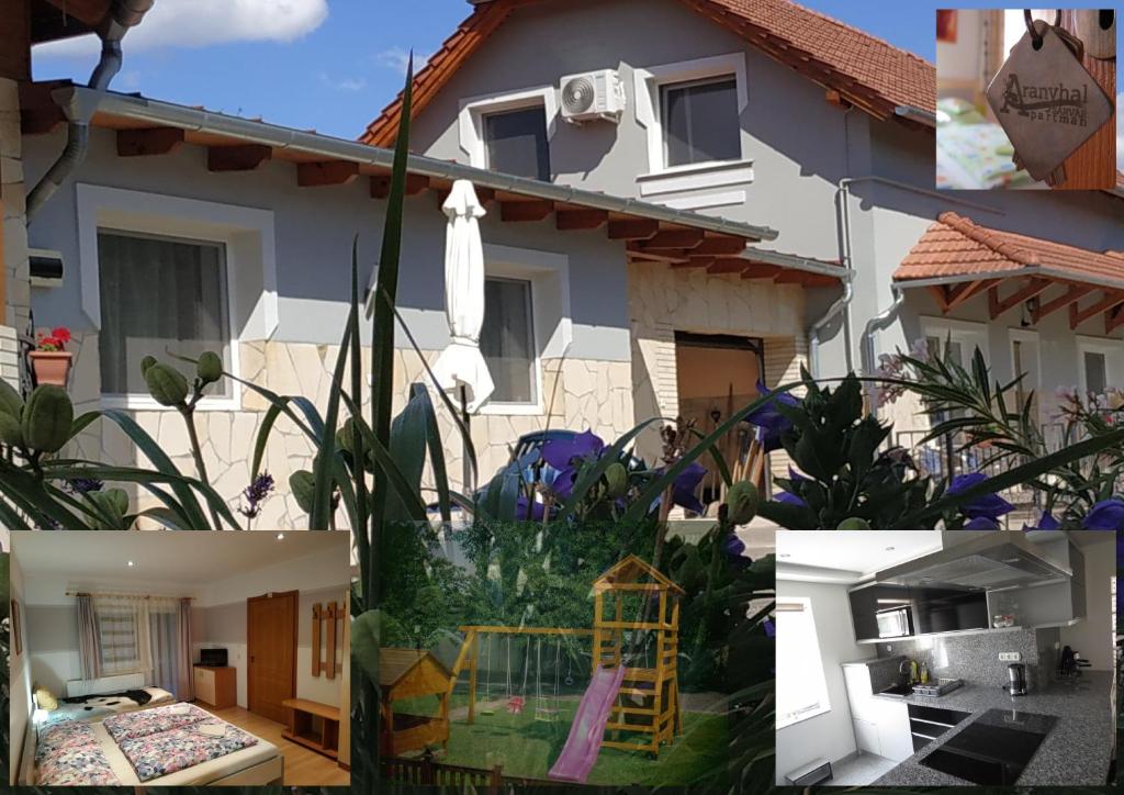 un collage de fotos de una casa con jardín en Aranyhal apartman, en Sárvár