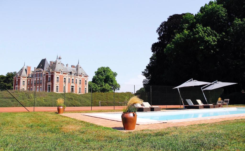 a house with a swimming pool with a potted plant next to it at Château du Domaine du Réveillon in Entrains-sur-Nohain