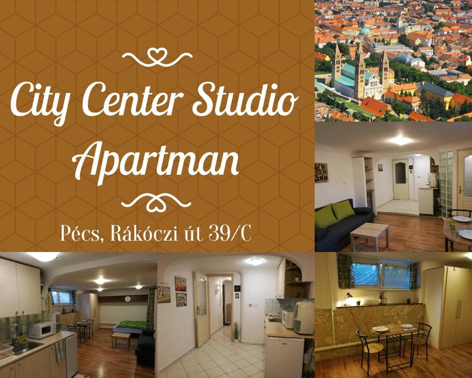 eine Collage mit Fotos eines Studio-Apartments im Stadtzentrum in der Unterkunft City Center Studio Apartman in Pécs