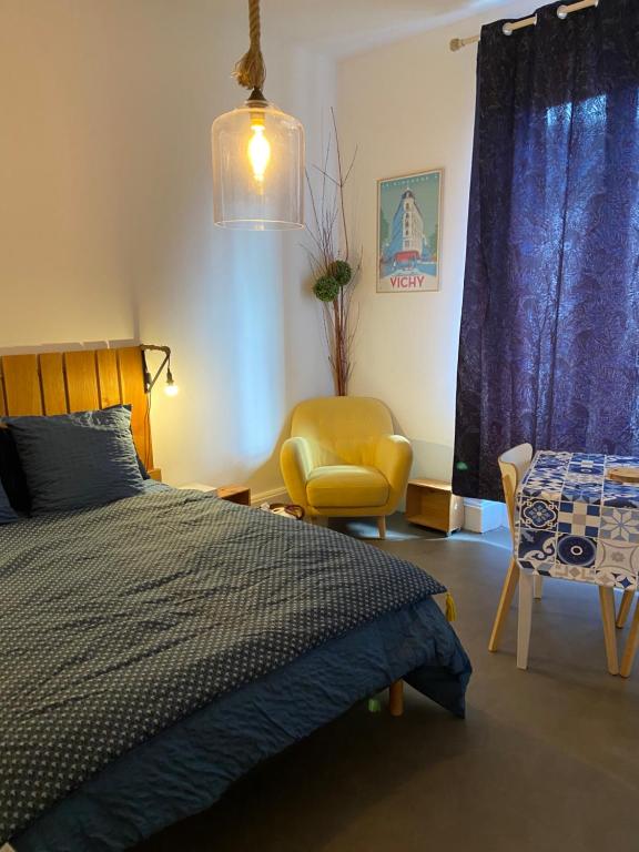 ヴィシーにあるLa Cure de Vichy rue CALLOUのベッドルーム1室(ベッド1台、椅子付)