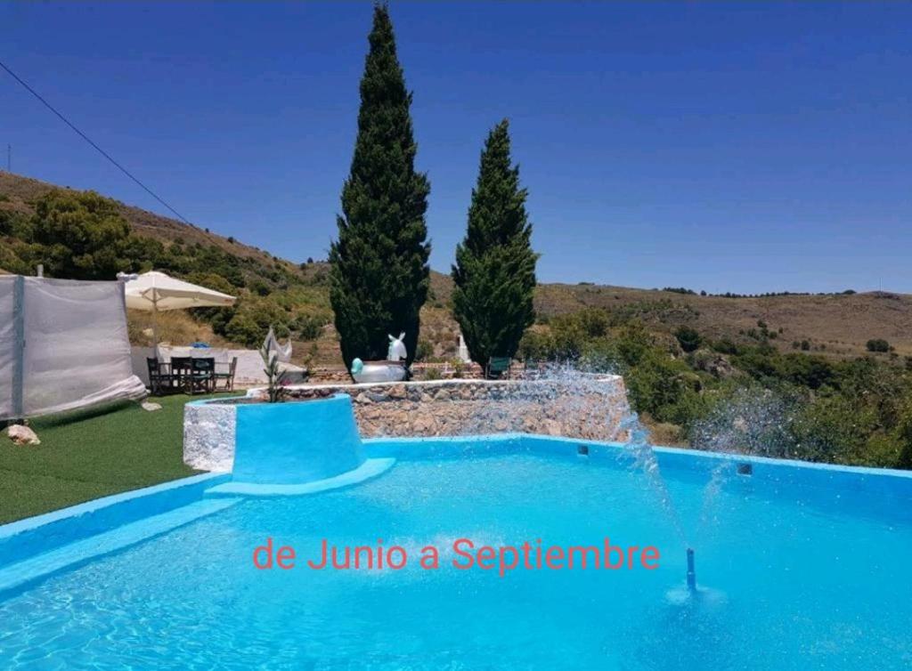 a blue swimming pool with a fountain in a yard at Las Tres Patas Complejo Rural in Enix