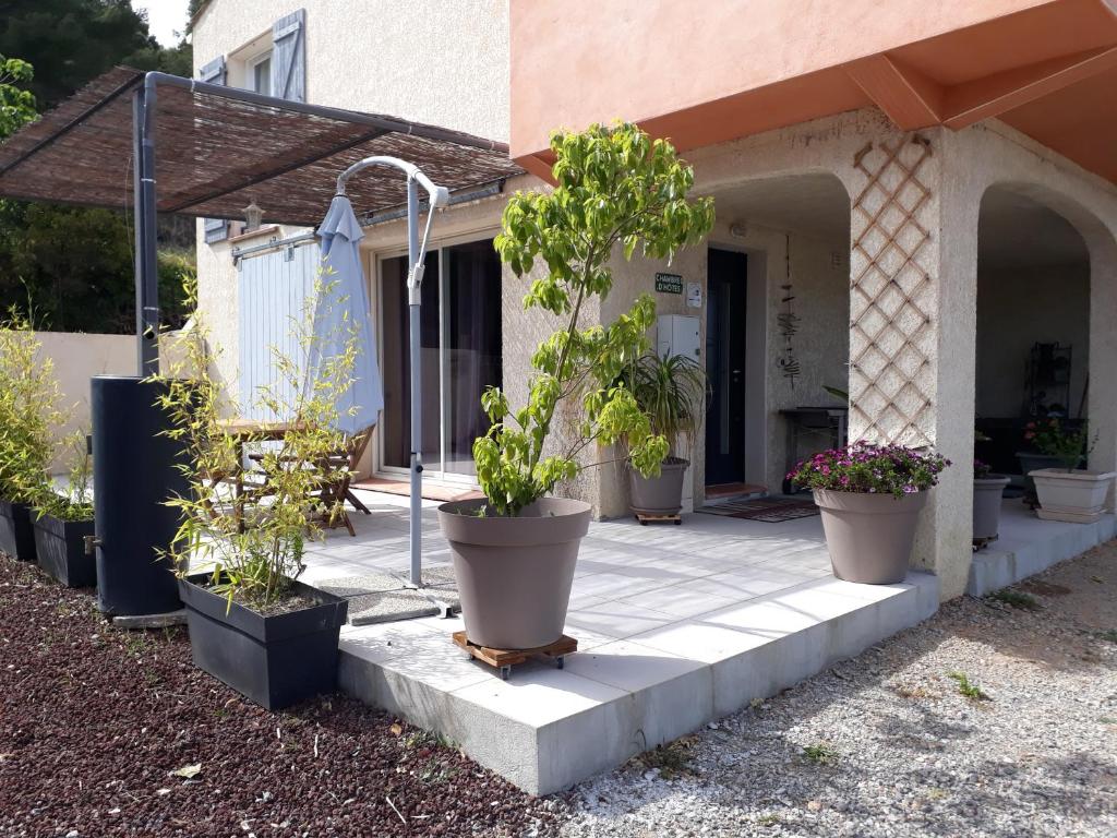 eine Veranda mit mehreren Topfpflanzen auf einem Haus in der Unterkunft Domaine de la Clotte in Roquefort-des-Corbières