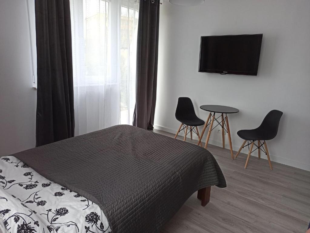 a bedroom with a bed and two chairs and a television at Sara Resort II in Wisełka