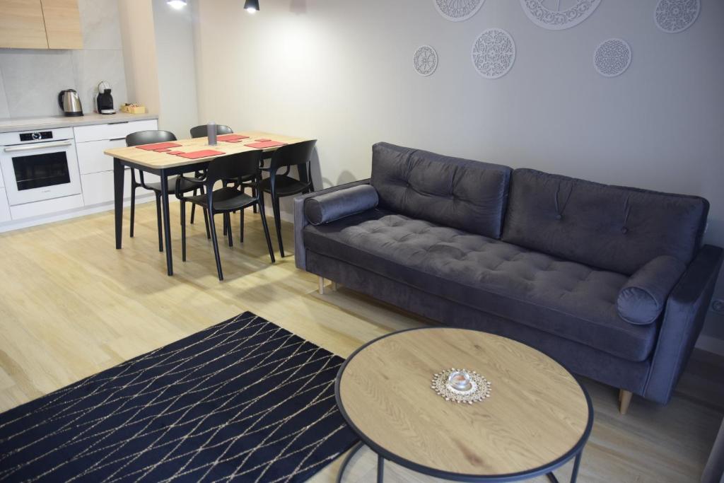 a living room with a couch and a table at Apartament Pod Papugami in Toruń