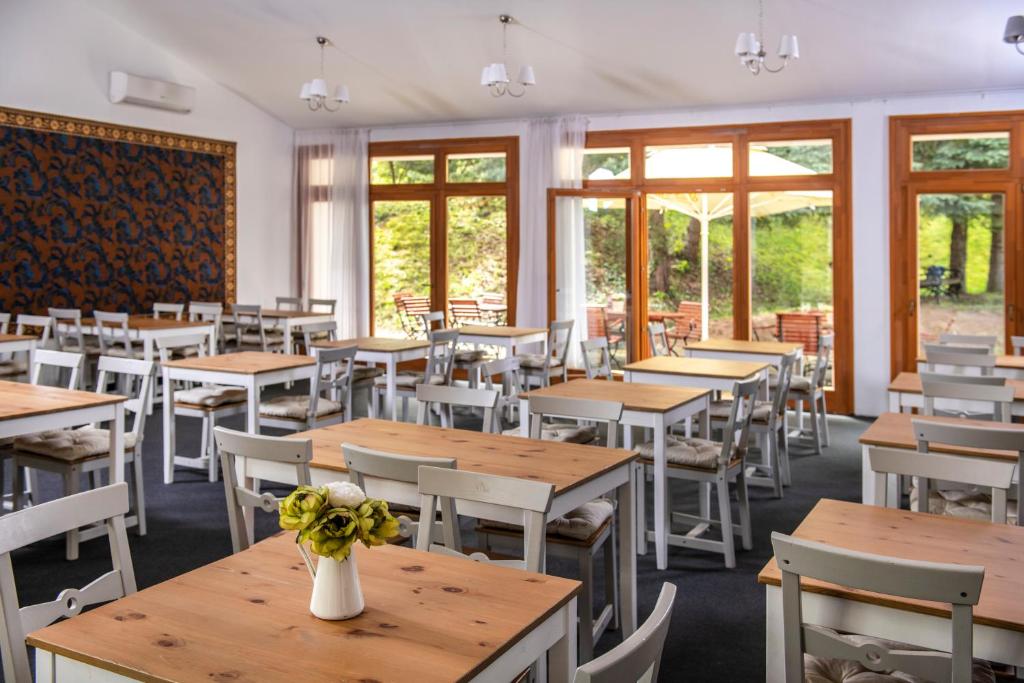 ノスヴァイにあるTündérkert Hotel Noszvajのテーブルと椅子と窓のあるダイニングルーム