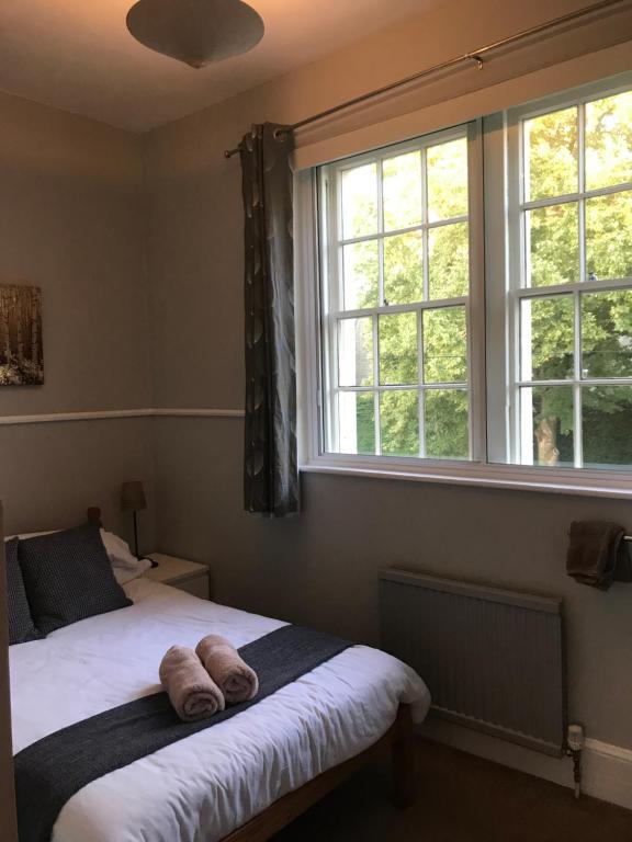 a bedroom with a bed and two windows at The Old Ham Tree in Holt