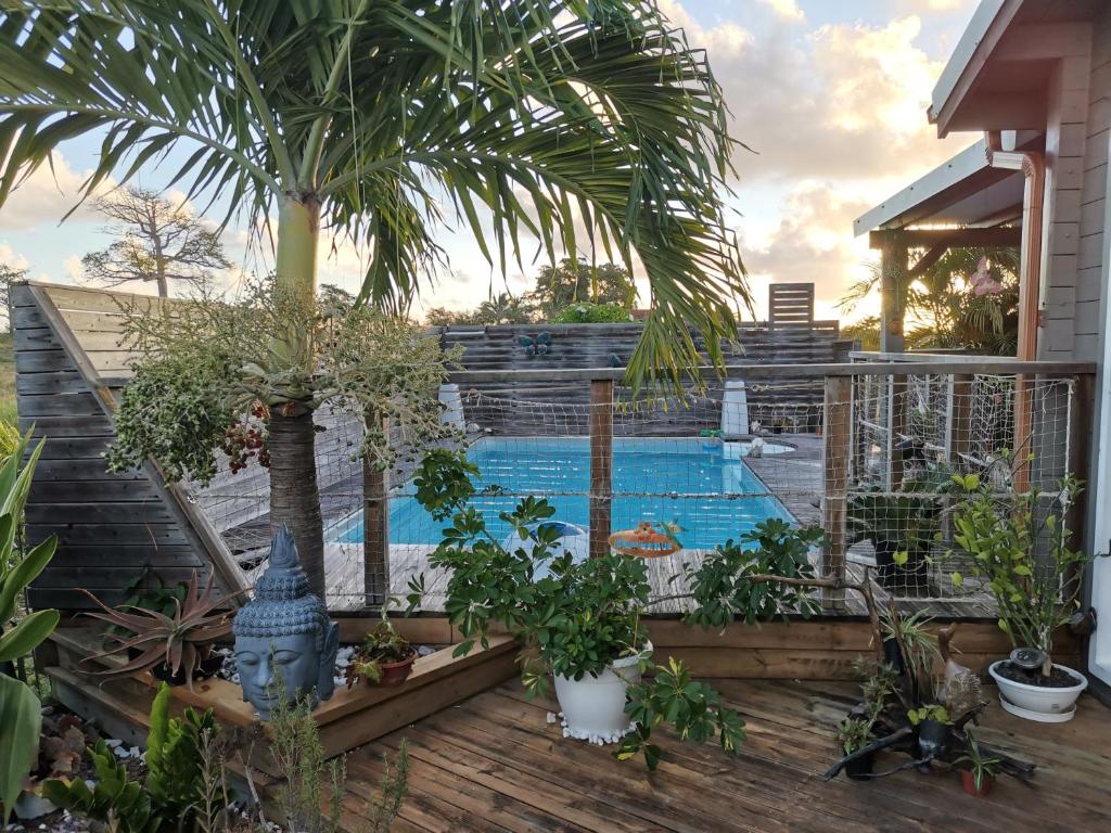 a swimming pool with trees and plants on a deck at adorable maison au soleil in Saint-François