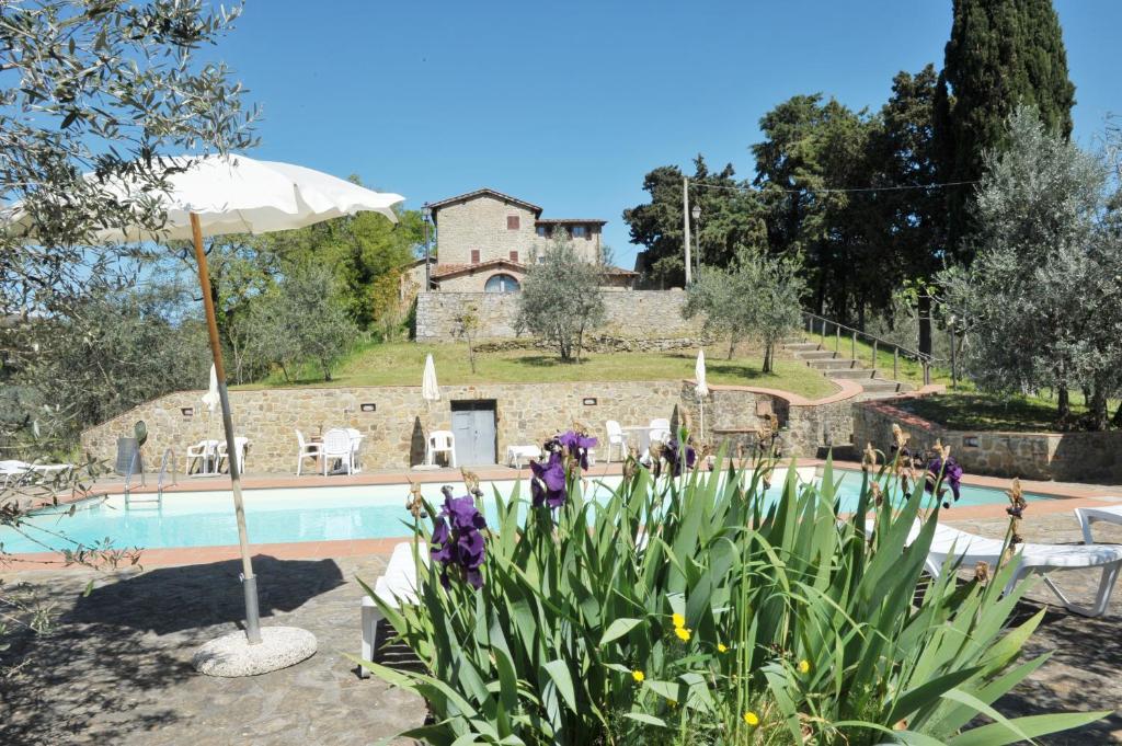 Ein Pool mit Sonnenschirm und ein Haus im Hintergrund in der Unterkunft Agriturismo La Camporena in Greve in Chianti