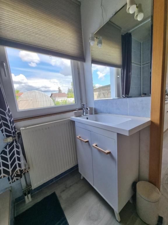 La salle de bains est pourvue d'un lavabo et d'une grande fenêtre. dans l'établissement MAISON COSY 7 minutes des frontières, à Rosenau